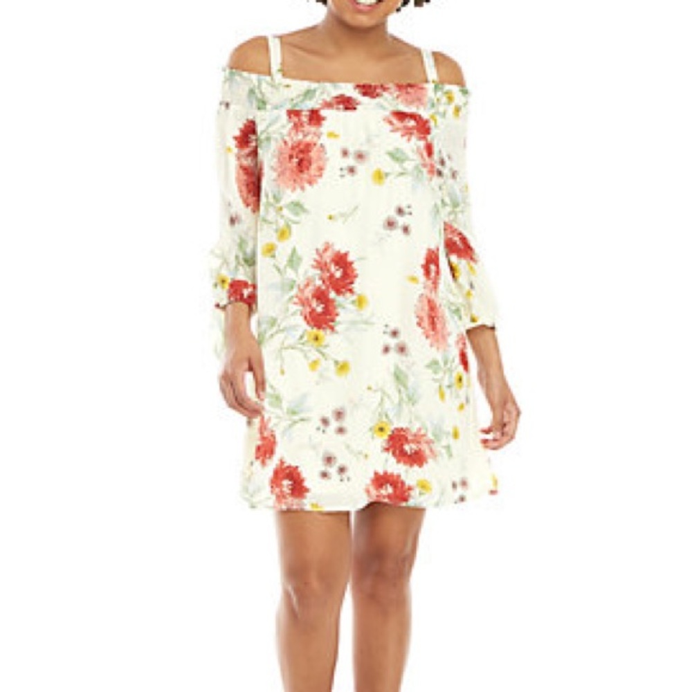 As u Wish Cold Shoulder Tie Sleeve Floral Dress,M